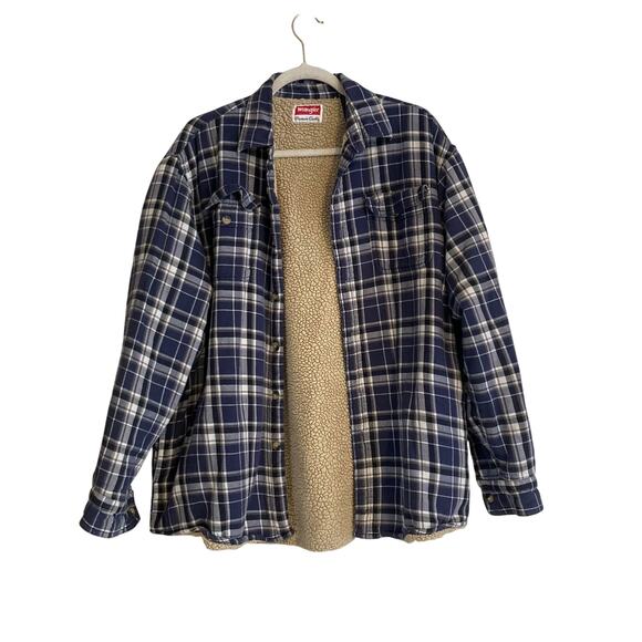 Y2K Wrangler Blue White Plaid Cotton Sherpa Lined Button Down Shacket Sz Large - Picture 1 of 16